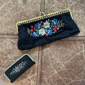 2 Vintage Embroidered Coin Purse Mend Kit Kiss Lock
